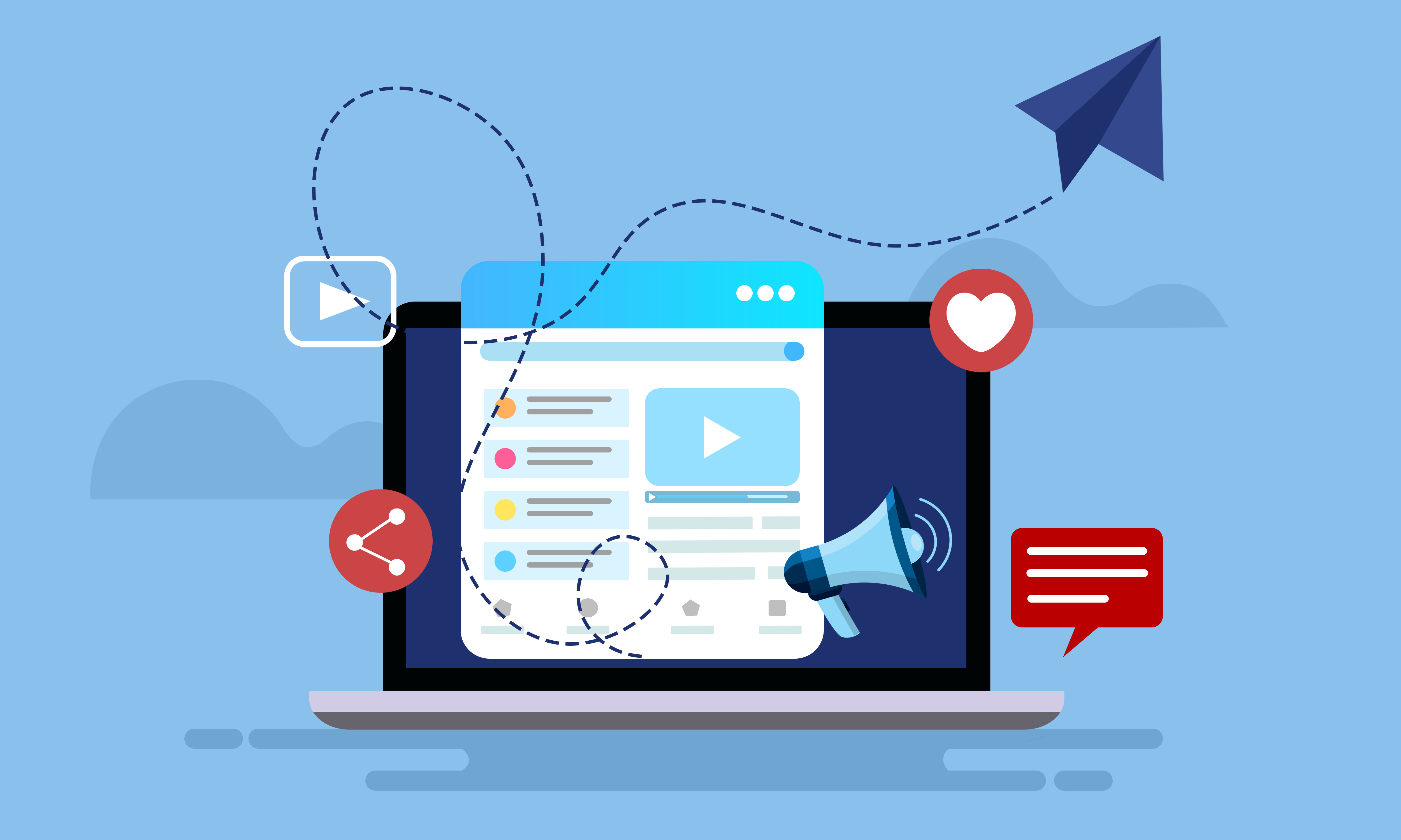 Social media marketing and advertising illustration concept. Video website content with share, like, aerogami and megaphone icons on Modern computer screen. SM Content and Strategy 4K Video